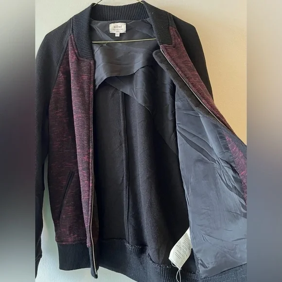 Aritzia Wilfred Varsity Bomber Jacket Size 8 Wool & Cotton Blend Black/ Maroon - Picture 7 of 12